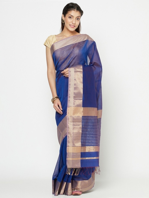 

Fabindia Blue & Gold-Toned Woven Design Zari Maheshwari Saree
