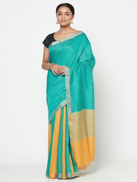 

Fabindia Blue & Yellow Colourblocked Pure Silk Saree