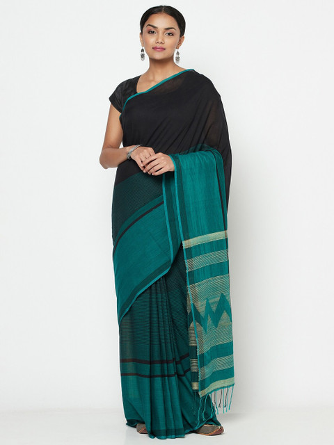 

Fabindia Green & Black Striped Saree