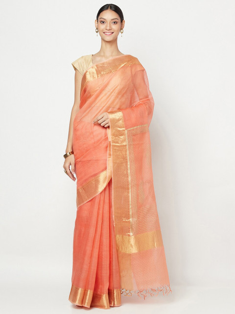 

Fabindia Peach-Coloured & Gold-Toned Woven Design Zari Saree