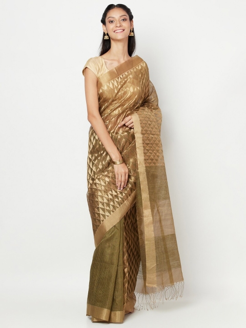 

Fabindia Olive Green & Gold-Coloured Woven Design Zari Pure Silk Saree