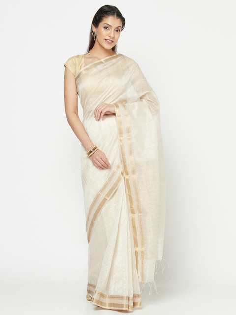 

Fabindia Beige & Gold-Toned Striped Zari Saree