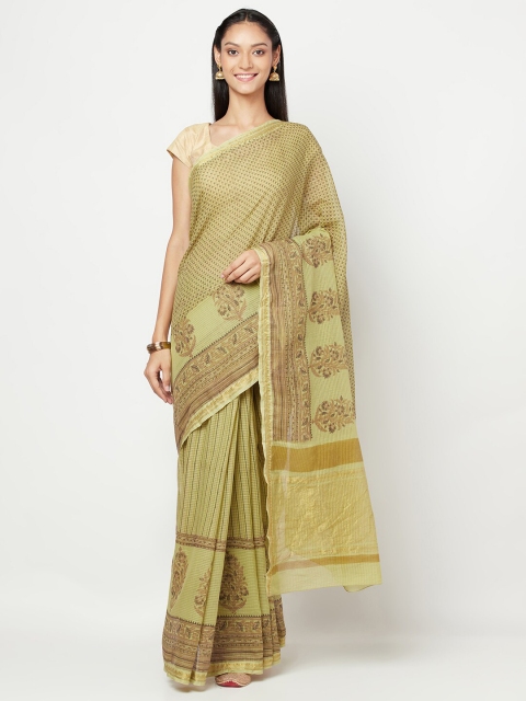 

Fabindia Green & Brown Pure Cotton Block Print Saree