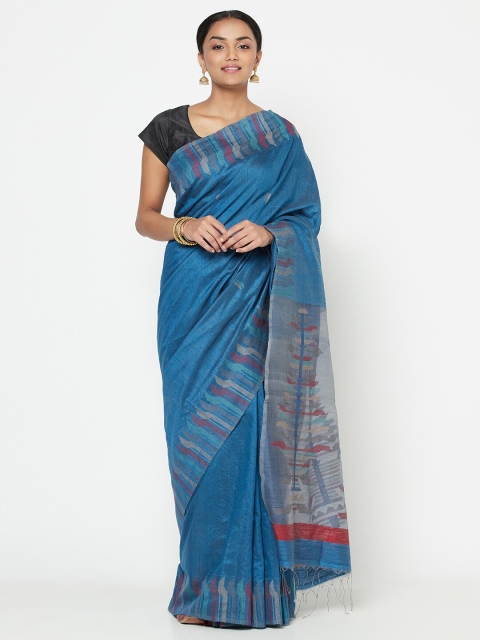 

Fabindia Navy Blue & Grey Woven Design Silk Blend Jamdani Saree