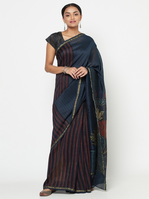 

Fabindia Navy Blue & Red Striped Dabu Saree