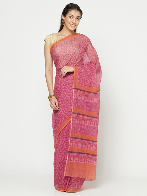 

Fabindia Magenta & Orange Floral Kota Printed Silk Cotton Block Print Saree
