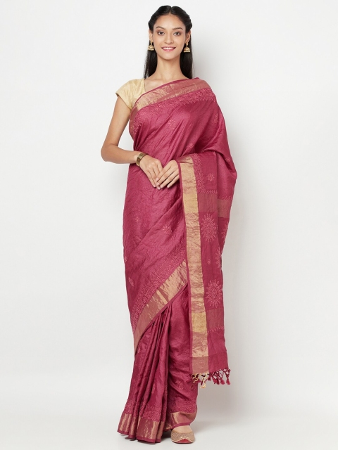 

Fabindia Magenta & Gold-Toned Floral Chikankari Pure Silk Saree