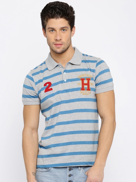 

American Crew Men Grey Melange Striped Polo Pure Cotton T-shirt