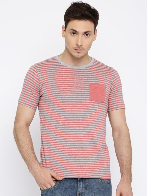 

American Crew Men Grey Melange & Red Striped T-Shirt