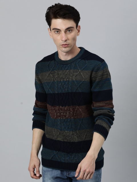 

RARE RABBIT Men Teal Blue & Black Striped Acrylic Pullover Sweater