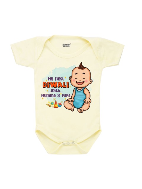 

KNITROOT Infant Kids Yellow & Blue First Diwali Printed Cotton Bodysuit