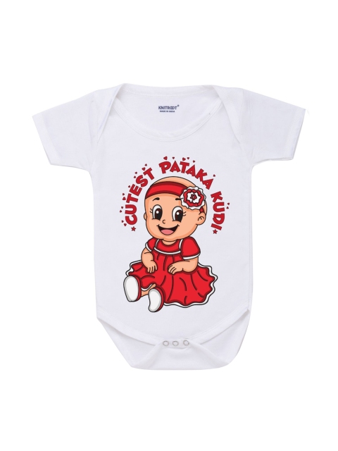 

KNITROOT Infant Kids White & Red Cutest Pataka Kudi Printed Cotton Bodysuit