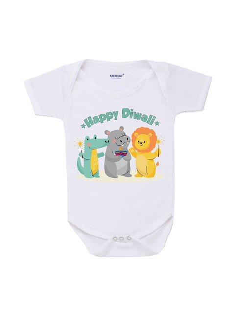 

KNITROOT Infant Kids White & Yellow Happy Diwali Printed Cotton Bodysuit