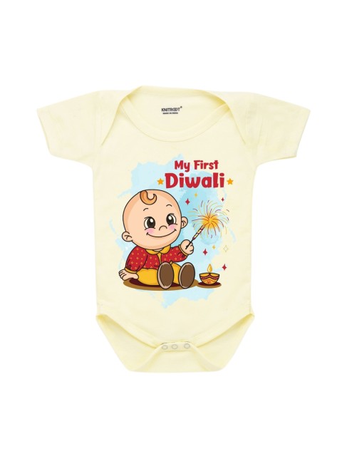 

KNITROOT Infant Kids Yellow & Blue Baby First Diwali Printed Cotton Bodysuit