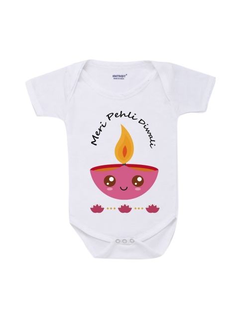 

KNITROOT Infant Unisex White & Pink Printed Cotton Romper