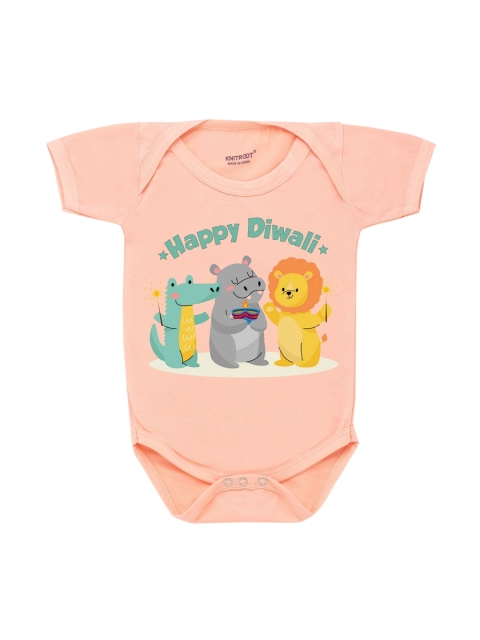 

KNITROOT Kids Peach Cotton Happy Diwali Rompers