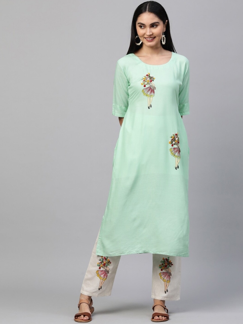 

FASHOR Women Green & Off White Floral Embroidered Regular Thread Work Kurta with Trousers