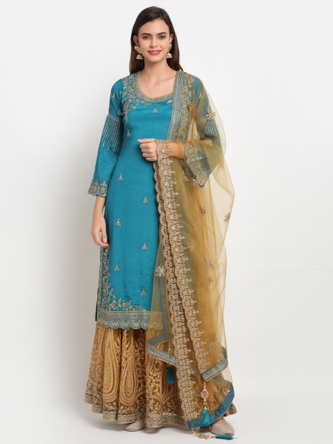 

Stylee LIFESTYLE Teal & Gold-Coloured Embroidered Semi-Stitched Dress Material