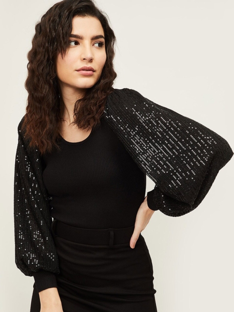 

Ginger by Lifestyle Black Embellished Bishop Sleeves Fitted Top