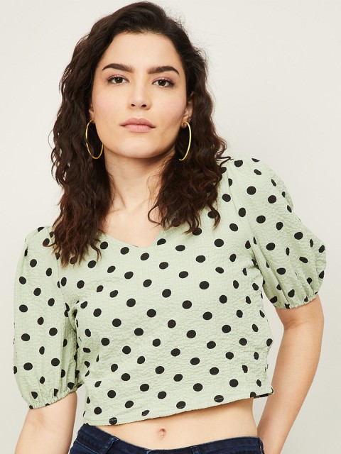 

Ginger by Lifestyle Green & Black Polka Dot Regular Crop Top