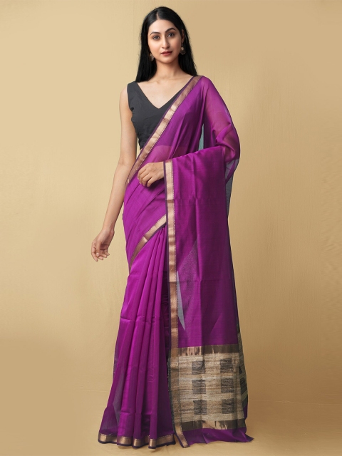 

Unnati Silks Purple & Gold-Toned Silk Cotton Maheshwari Saree