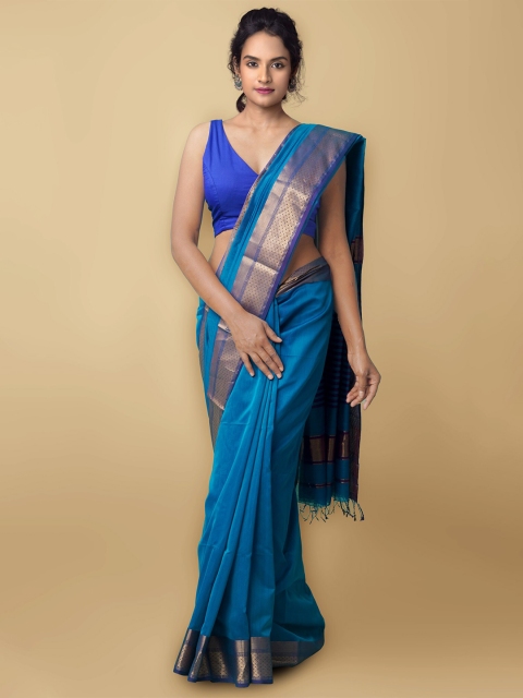 

Unnati Silks Blue & Gold-Toned Woven Design Zari Silk Cotton Maheshwari Saree