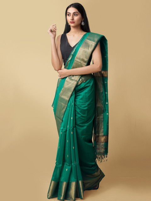 

Unnati Silks Green & Gold-Coloured Ethnic Motifs Zari Silk Cotton Maheshwari Saree