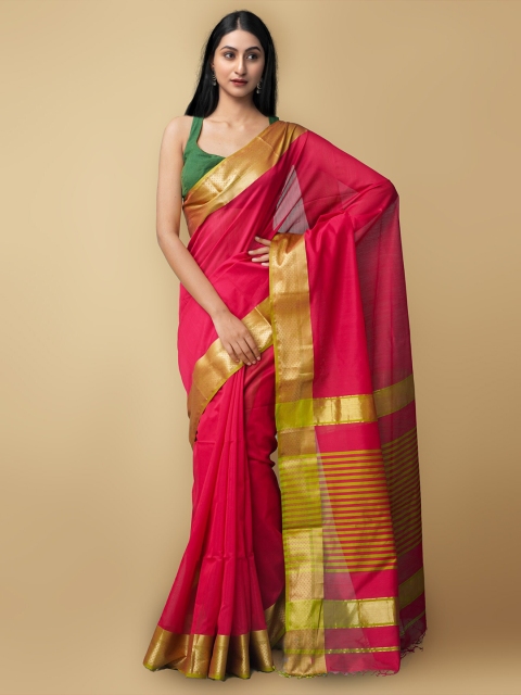 

Unnati Silks Pink & Gold-Toned Solid Silk Cotton Saree