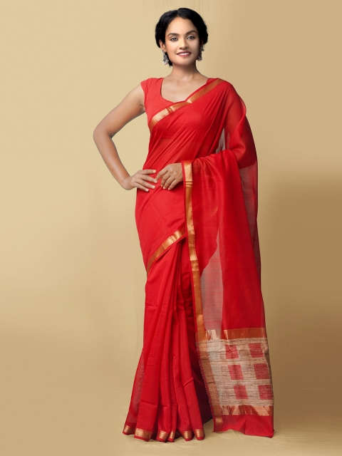 

Unnati Silks Red & Gold-Toned Zari Silk Cotton Maheshwari Saree