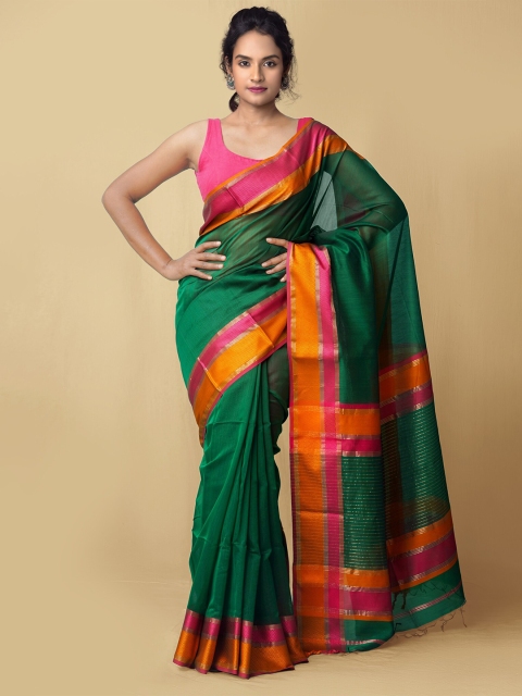 

Unnati Silks Green & Orange Woven Design Zari Silk Cotton Maheshwari Saree