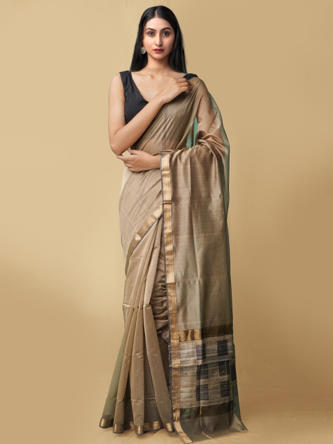 

Unnati Silks Brown & Gold-Toned Silk Cotton Maheshwari Saree