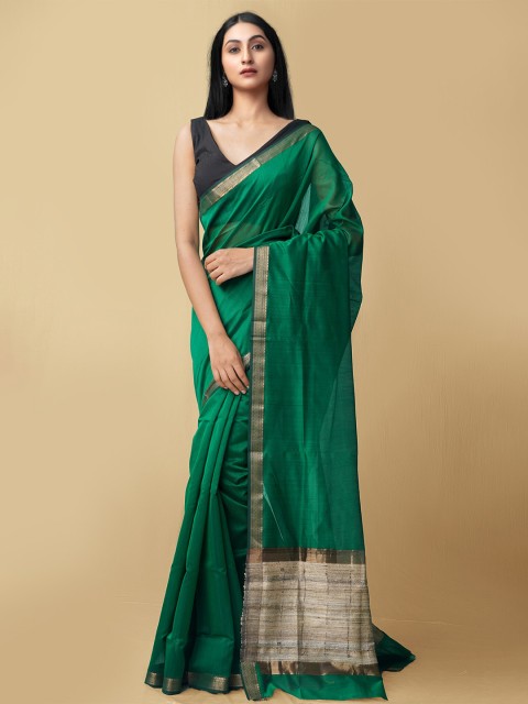 

Unnati Silks Green & Beige Woven Design Zari Silk Cotton Maheshwari Saree