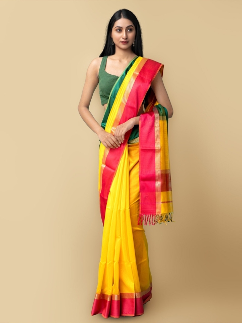

Unnati Silks Yellow & Green Zari Silk Cotton Maheshwari Saree