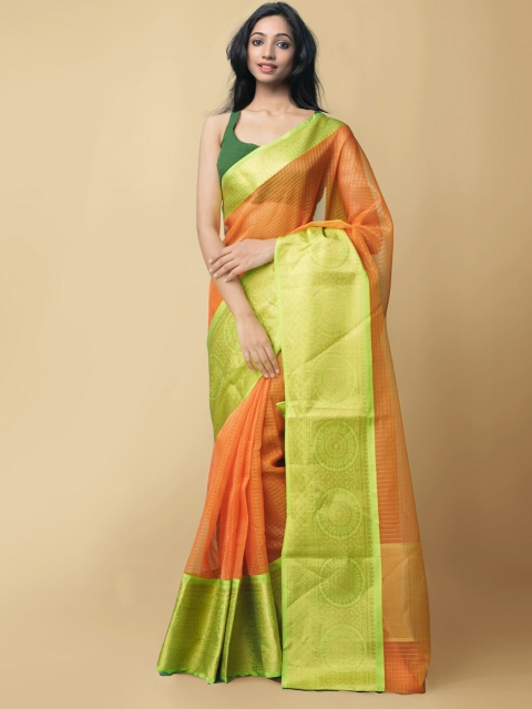 

Unnati Silks Orange & Green Checked Zari Silk Cotton Mysore Silk Saree