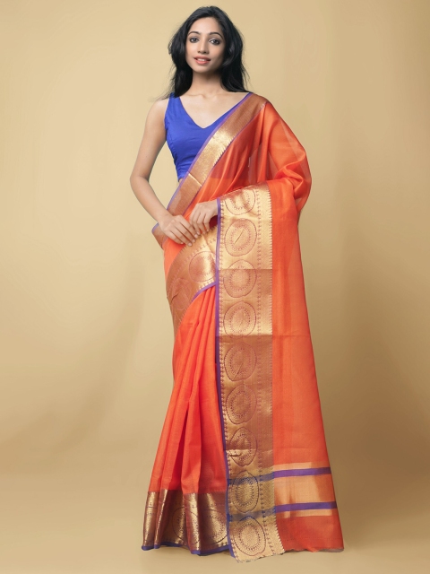 

Unnati Silks Orange & Gold-Toned Silk Cotton Mysore Silk Saree