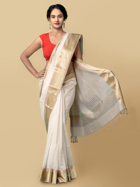 

Unnati Silks Cream-Coloured & Gold-Toned Woven Design Zari Silk Cotton Maheshwari Saree