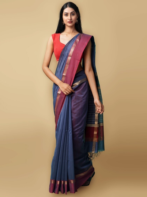 

Unnati Silks Blue & Magena Solid Silk Cotton Saree, Navy blue