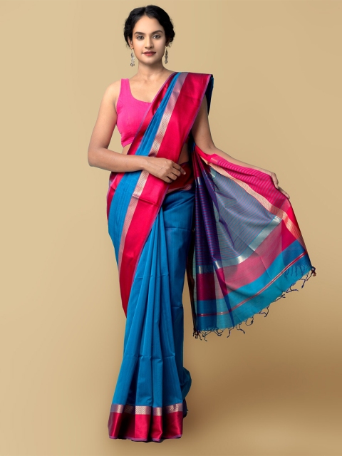 

Unnati Silks Blue & Red Zari Silk Cotton Maheshwari Saree