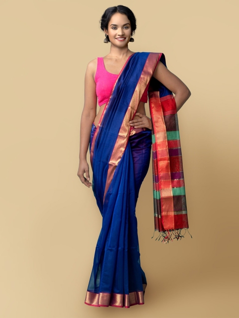 

Unnati Silks Blue & Pink Zari Silk Cotton Maheshwari Saree