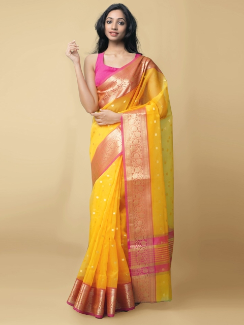 

Unnati Silks Orange & Pink Woven Design Zari Silk Cotton Mysore Silk Saree