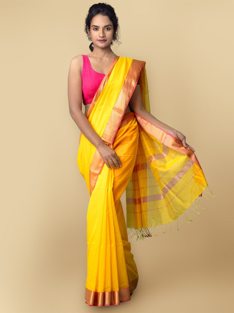 

Unnati Silks Women Mustard Yellow & Gold-Coloured Pure Handloom Maheshwari Sico Sustainable Saree