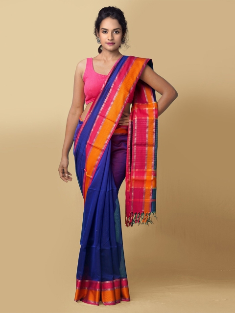 

Unnati Silks Women Blue & Orange Pure Handloom Maheshwari Sico Sustainable Saree