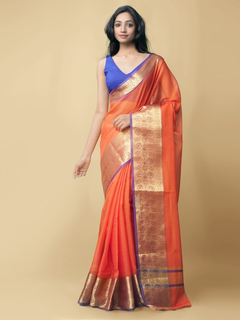 

Unnati Silks Orange & Blue Zari Silk Cotton Mysore Silk Saree