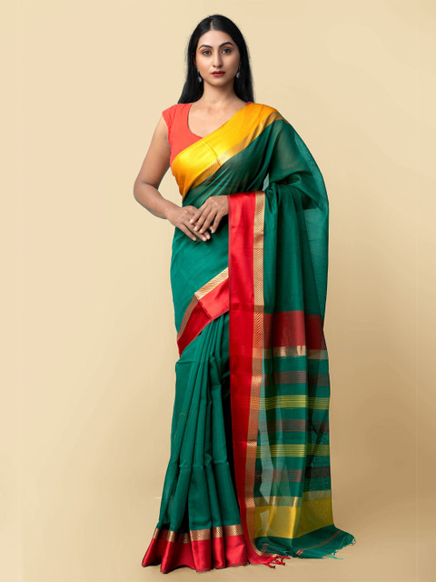 

Unnati Silks Green & Red Zari Silk Cotton Maheshwari Saree