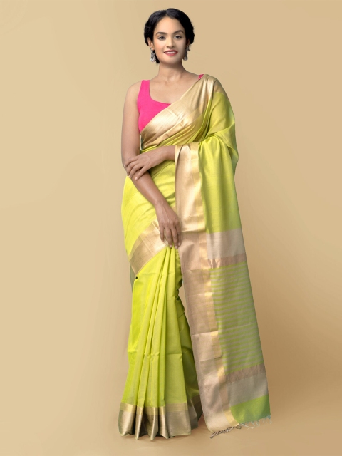 

Unnati Silks Green & Gold-Toned Zari Silk Cotton Maheshwari Saree