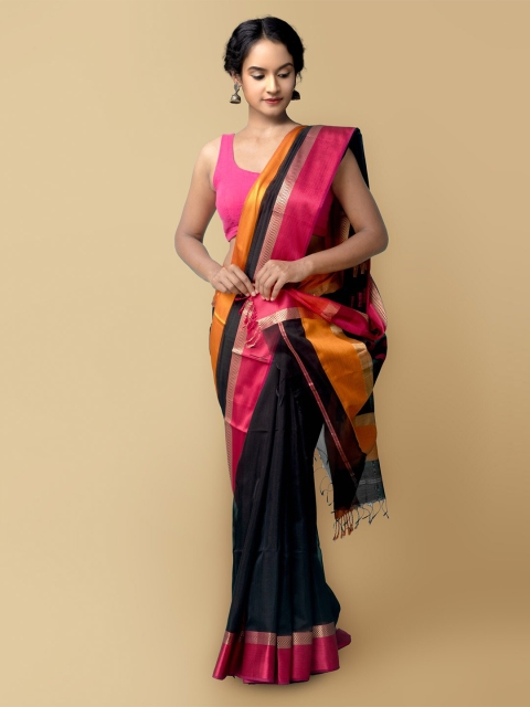 

Unnati Silks Black & Pink Zari Silk Cotton Maheshwari Saree