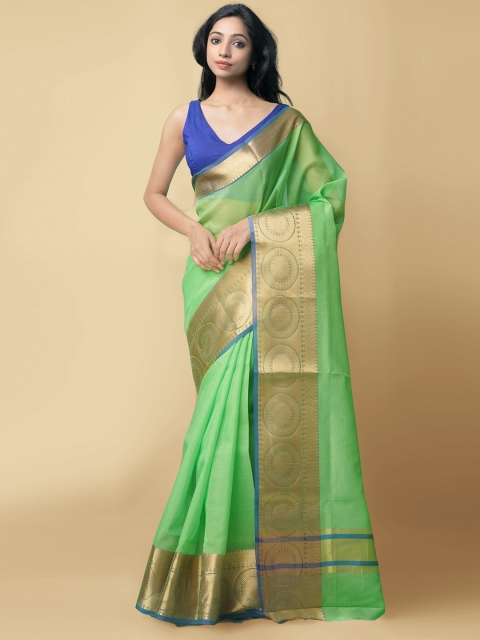 

Unnati Silks Green & Gold-Toned Zari Silk Cotton Mysore Silk Saree