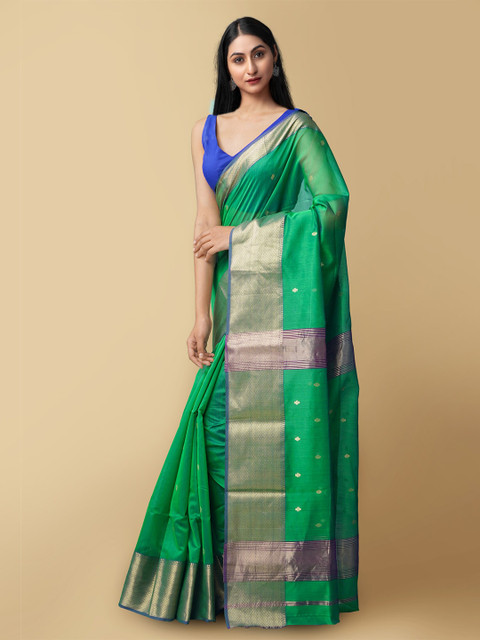 

Unnati Silks Green & Blue Woven Design Zari Silk Cotton Maheshwari Saree
