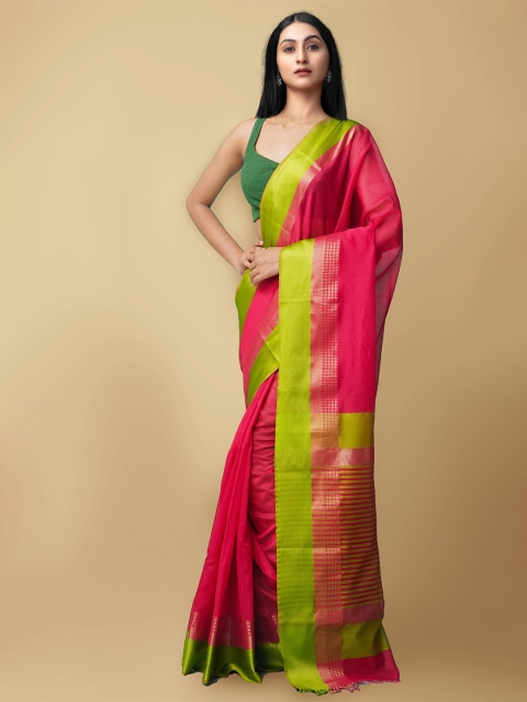 

Unnati Silks Pink & Green Zari Silk Cotton Maheshwari Saree