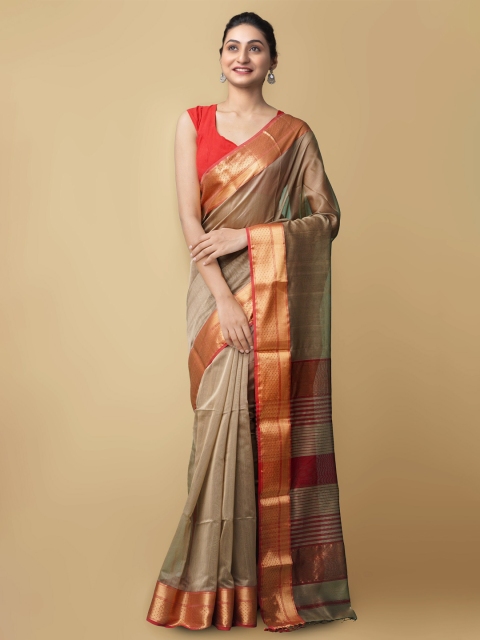 

Unnati Silks Brown & Red Zari Silk Cotton Maheshwari Saree